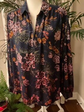 Anthropologie - Navy Floral Button-Front Blouse with Pink and Orange Blooms